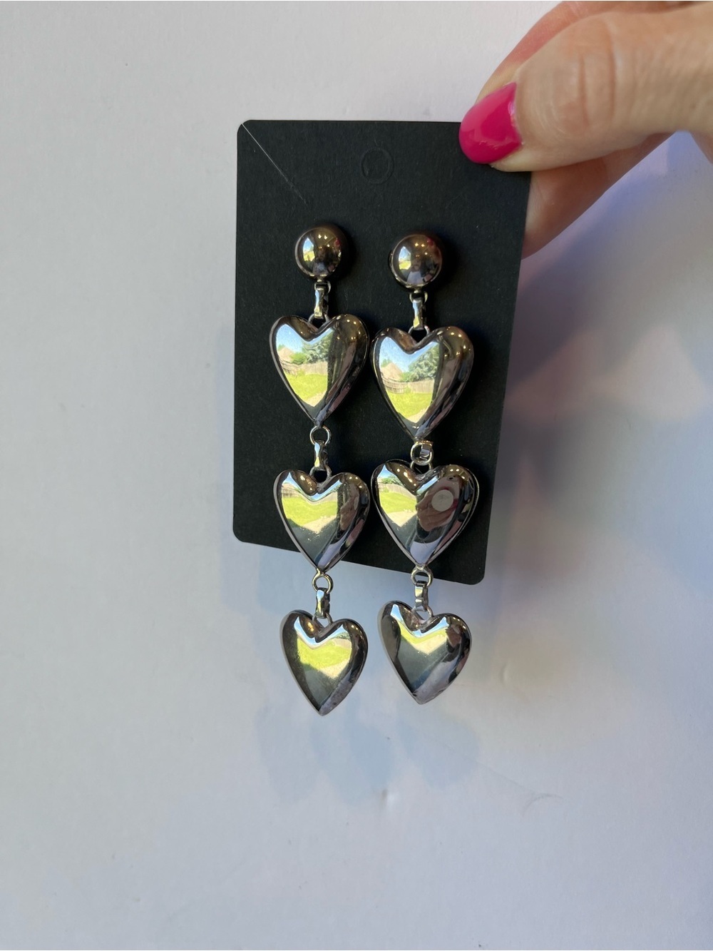 Vintage Puffy Hearts Dangle Earrings Silver Tone